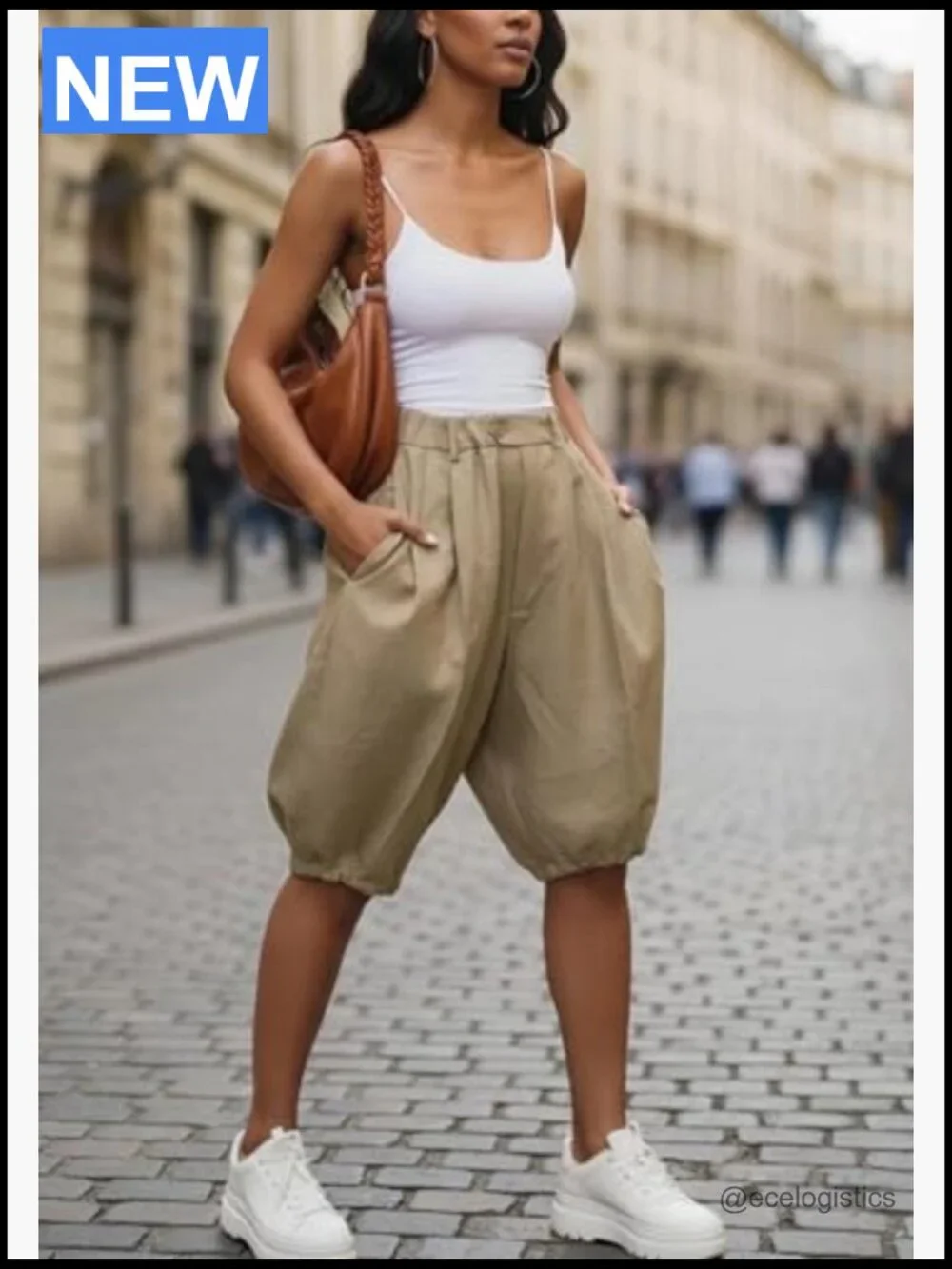 Bermuda Shorts for Women Baggy Knee Length Elastic Waist High Waisted Wide Leg